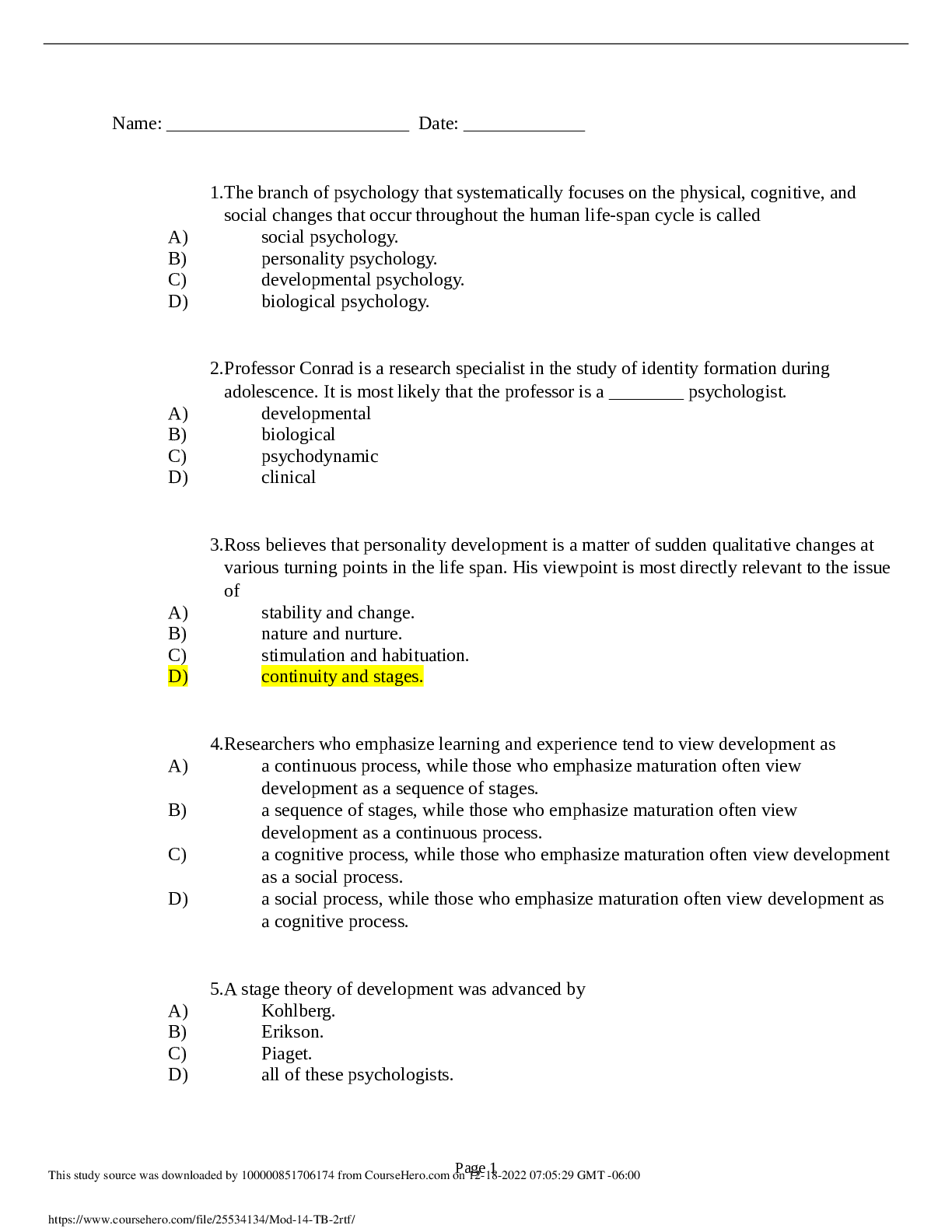 Preview image for TEST BANK FOR PSYCHOLOGY 13TH EDITION DAVID G. MYERS NATHAN C. DEWALL